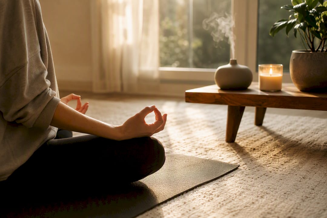 Hands resting on knees during breathing exercise