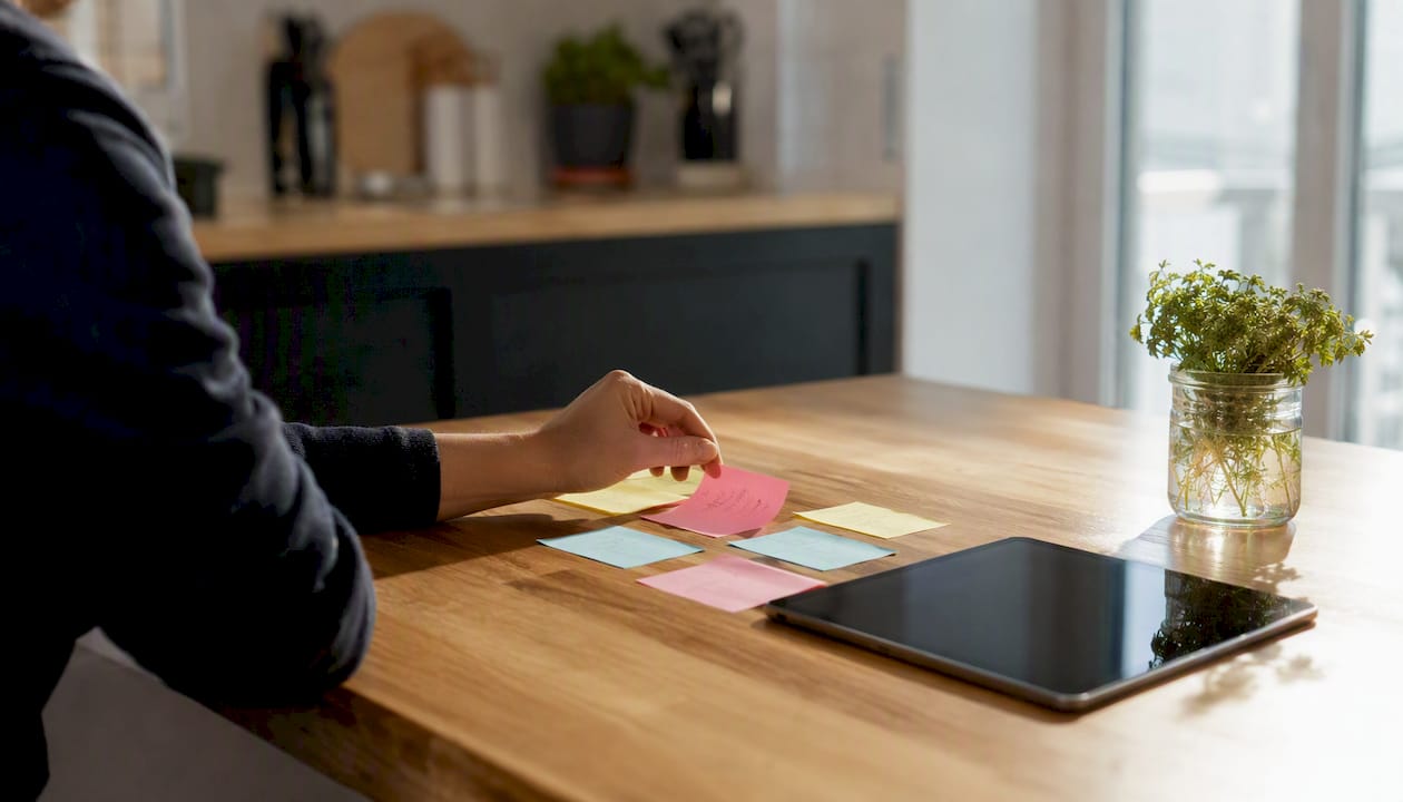 Hand arranging sticky notes on table