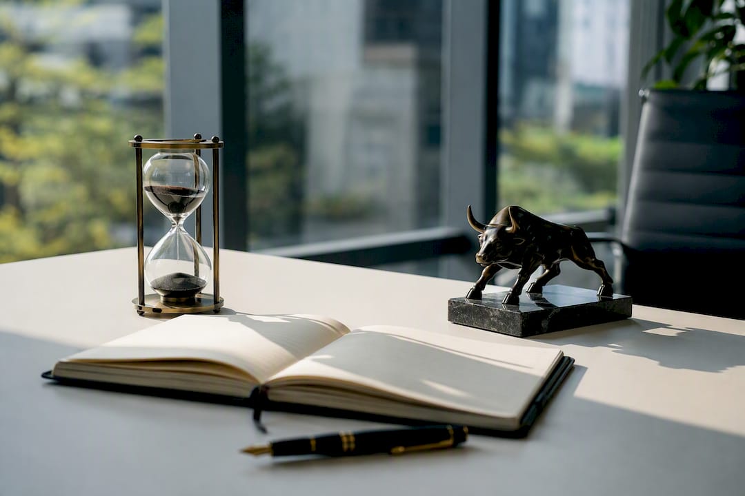 Desk with financial planning objects and clock