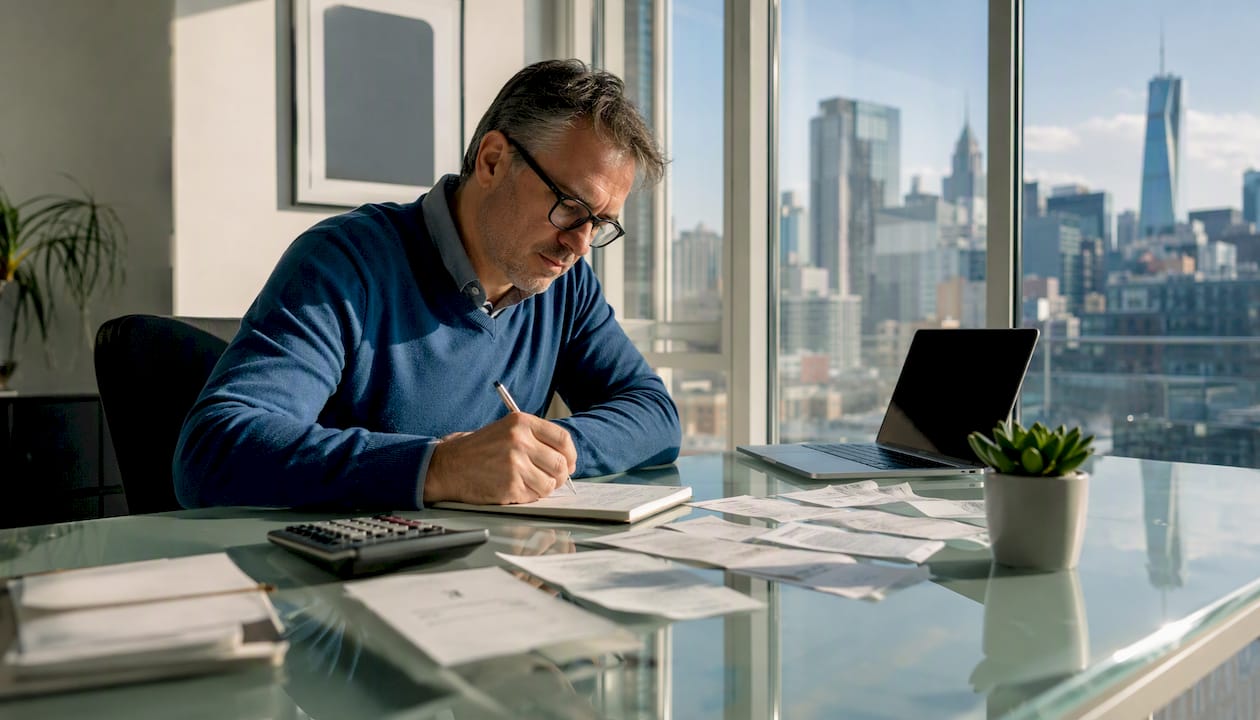 Man making asset inventory list at kitchen table