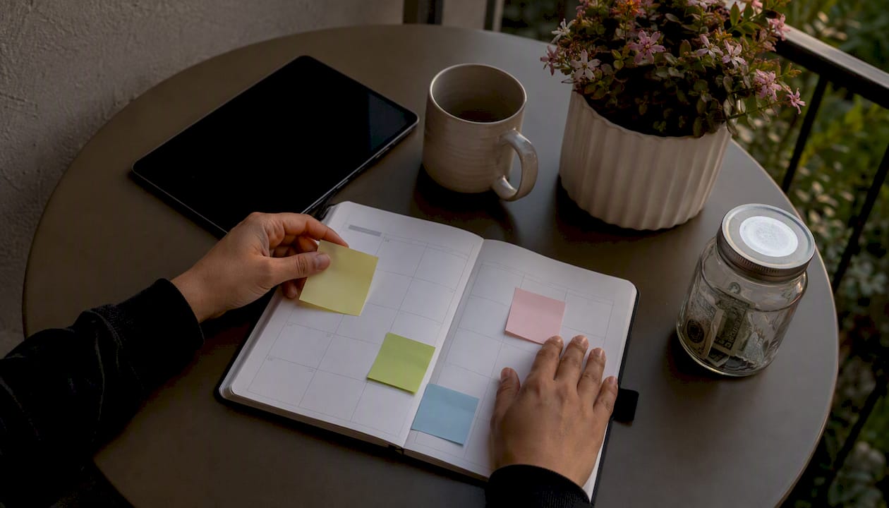 Hands holding calendar in personal finance tracking routine
