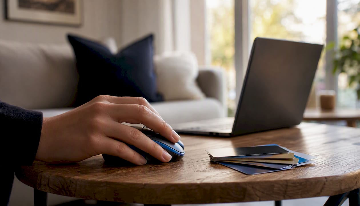 Hand clicking mouse near laptop and coffee