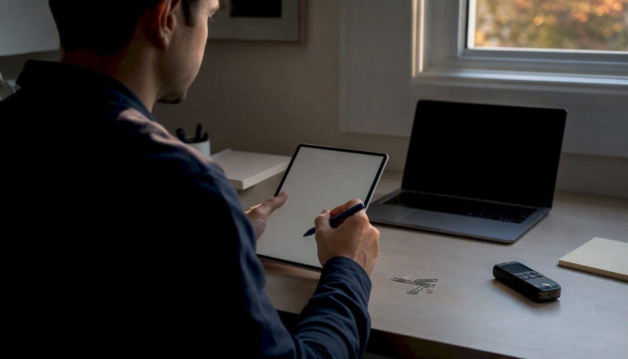 Hands holding digital notepad for meeting notes