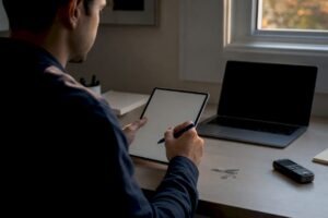 Hands holding digital notepad for meeting notes