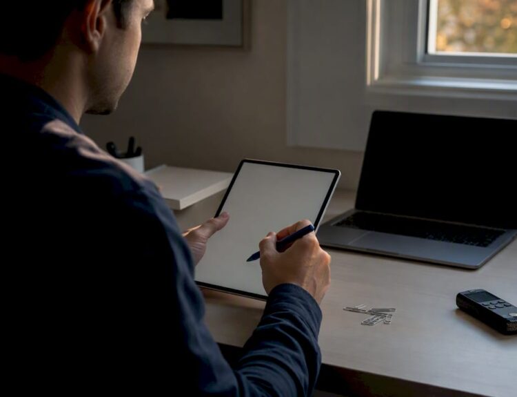 Hands holding digital notepad for meeting notes