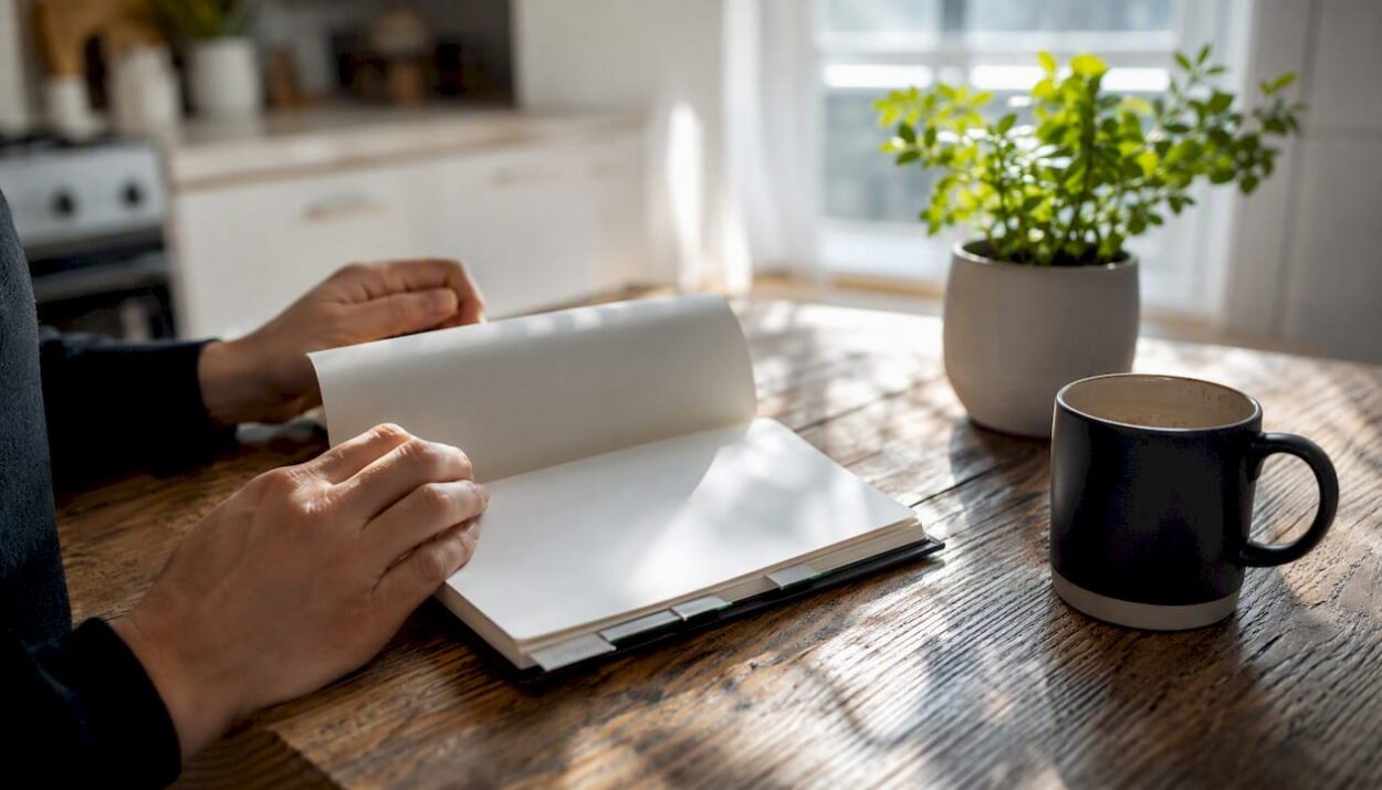 Hands flipping financial planner pages on desk