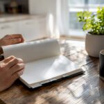 Hands flipping financial planner pages on desk