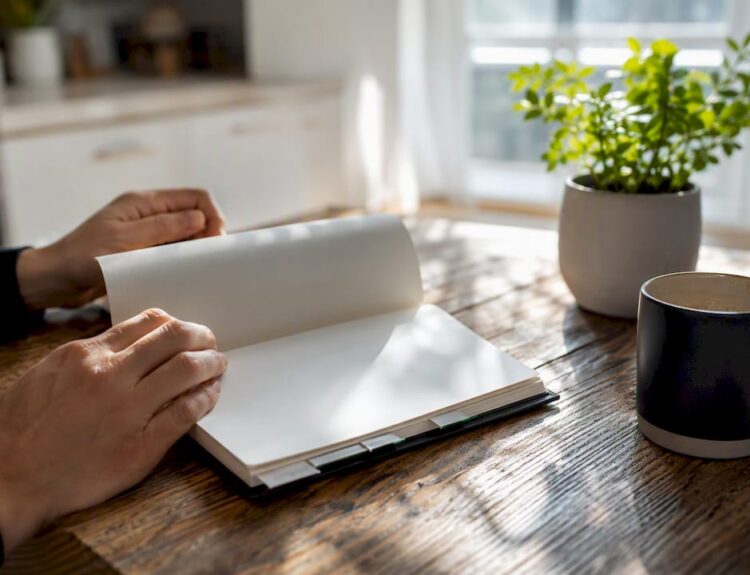 Hands flipping financial planner pages on desk