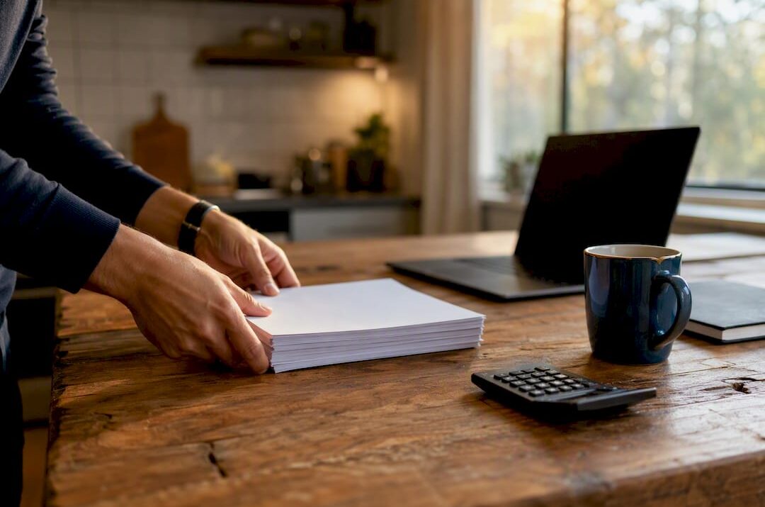Hands organizing financial documents on desk