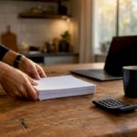 Hands organizing financial documents on desk