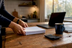 Hands organizing financial documents on desk