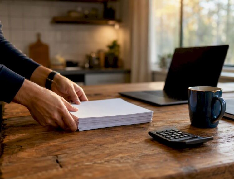 Hands organizing financial documents on desk