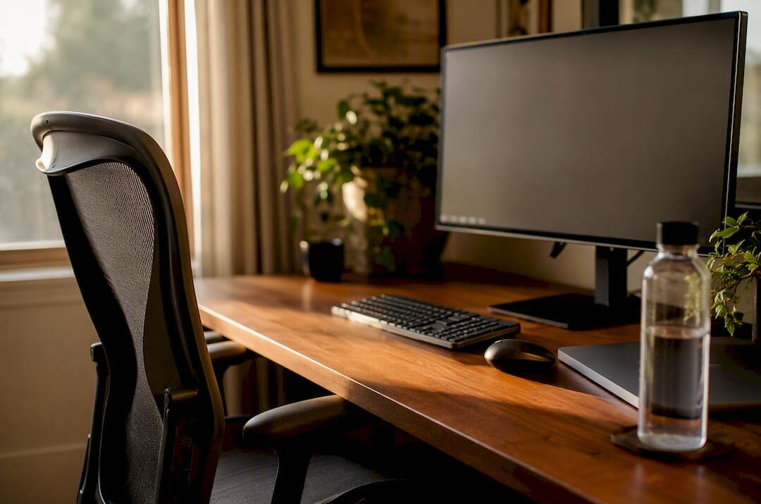 Ergonomic office desk setup close-up
