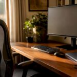Ergonomic office desk setup close-up