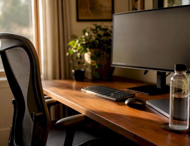 Ergonomic office desk setup close-up