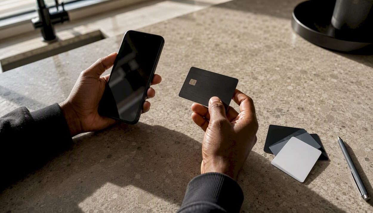 Hands holding secured credit card and smartphone