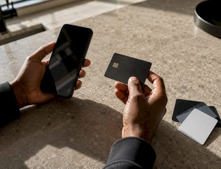 Hands holding secured credit card and smartphone