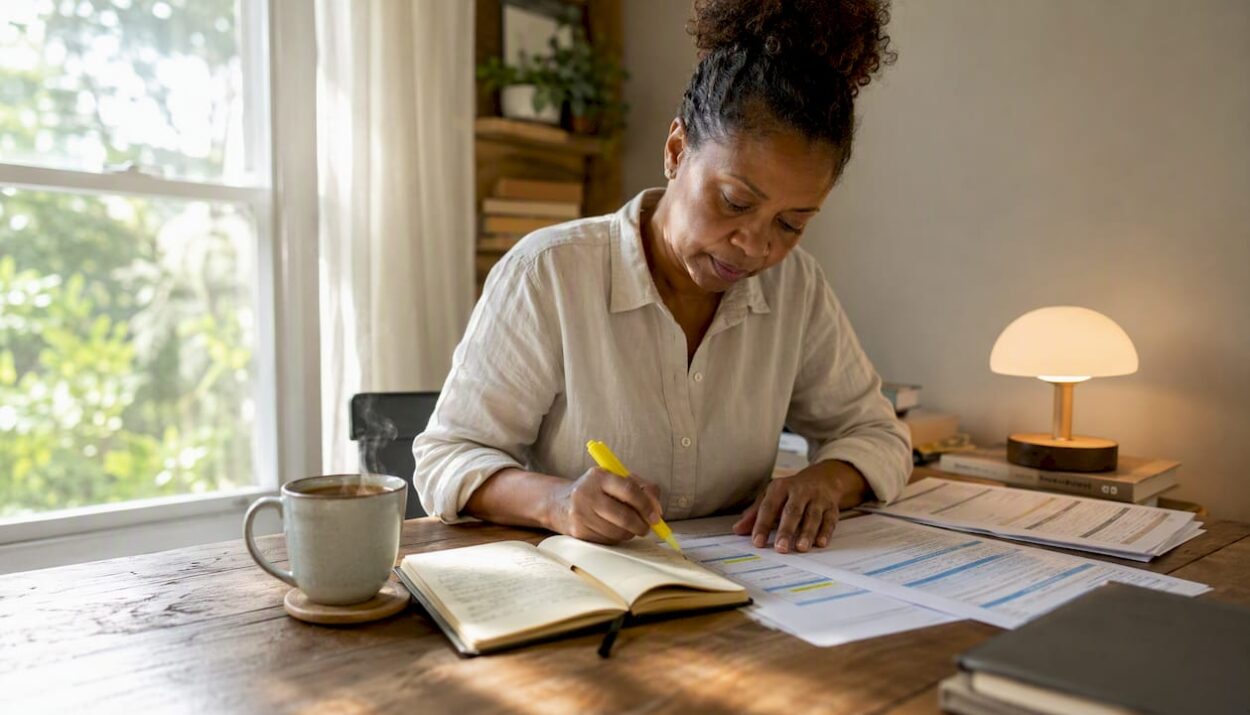 Business owner reviewing cash flow forecast at home