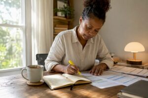 Business owner reviewing cash flow forecast at home
