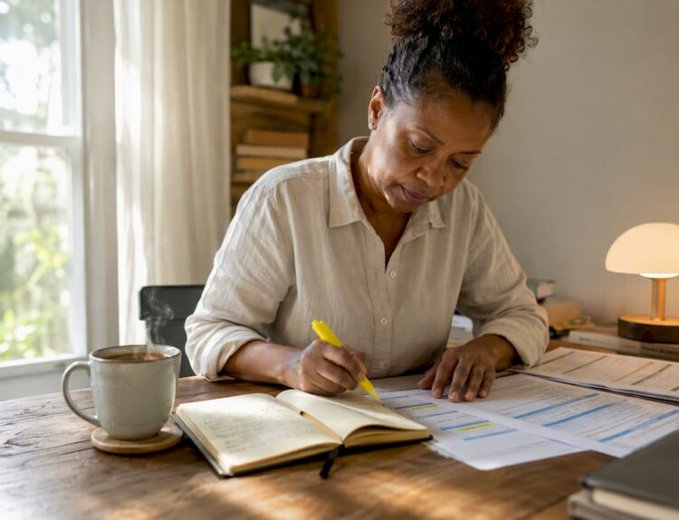 Business owner reviewing cash flow forecast at home