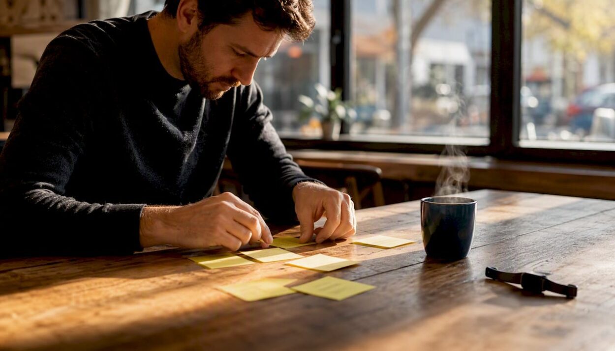 Hands arranging 90-day financial goal notes