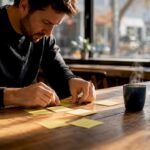 Hands arranging 90-day financial goal notes