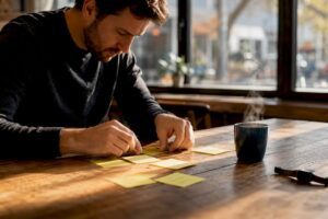Hands arranging 90-day financial goal notes