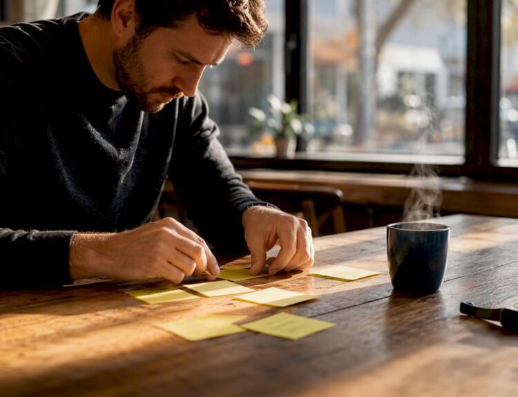 Hands arranging 90-day financial goal notes