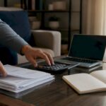 Hands calculating net worth with statements and calculator