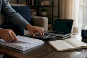Hands calculating net worth with statements and calculator