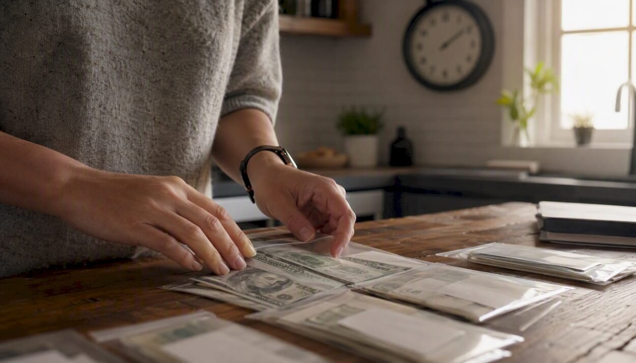 Hands organizing cash envelopes for budgeting