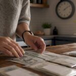 Hands organizing cash envelopes for budgeting