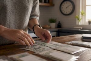 Hands organizing cash envelopes for budgeting