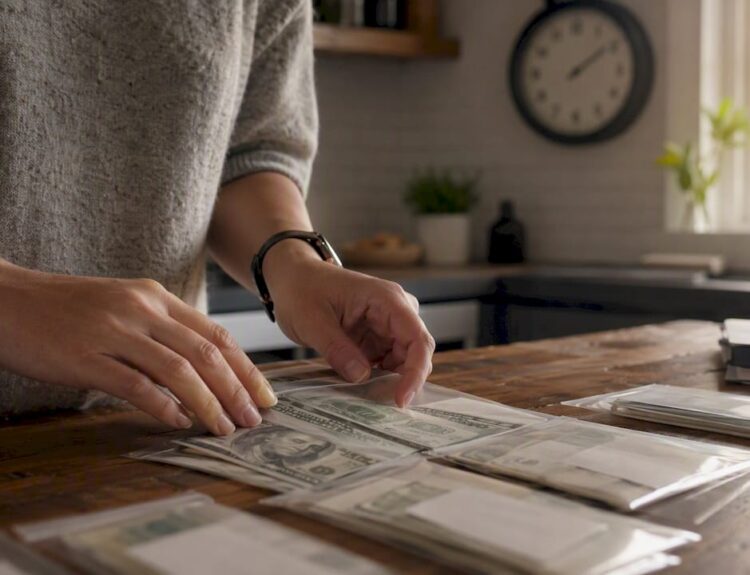 Hands organizing cash envelopes for budgeting