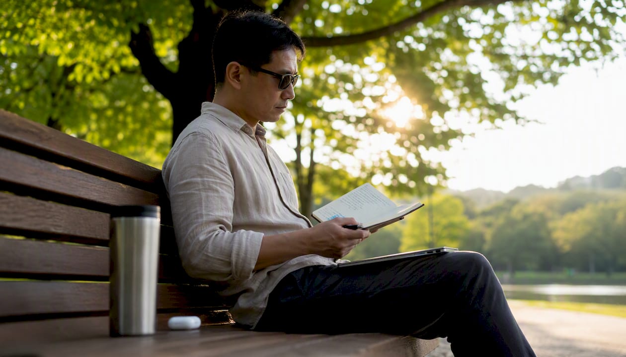 Man working on freelancing tasks in café