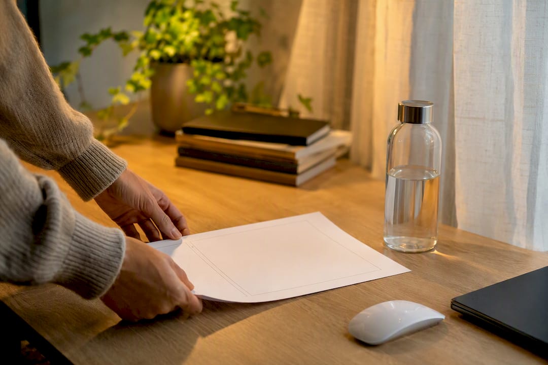 Hands placing budgeting worksheet on desk