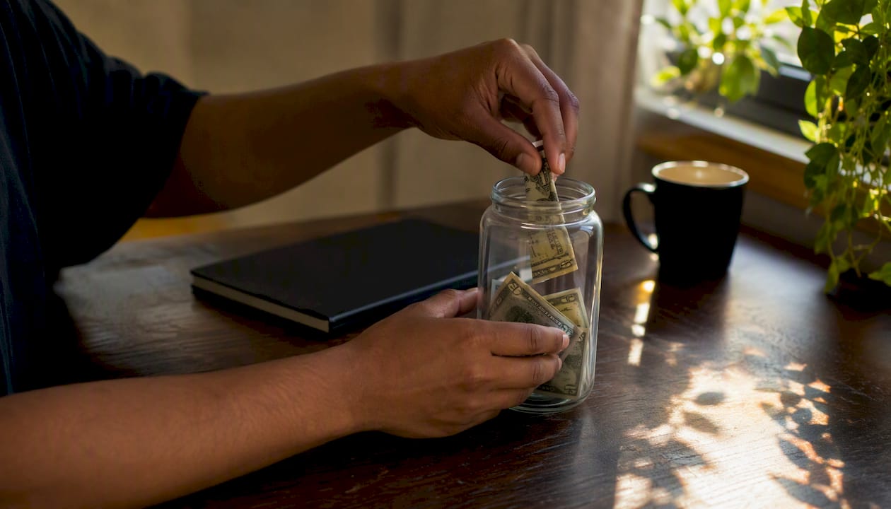 Hands putting cash into piggy bank