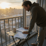 Man reviewing financial plans on balcony