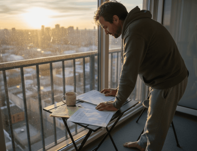 Man reviewing financial plans on balcony