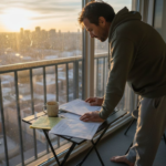Man reviewing financial plans on balcony