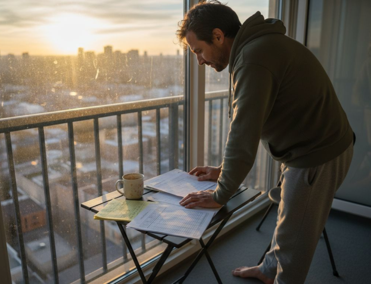 Man reviewing financial plans on balcony