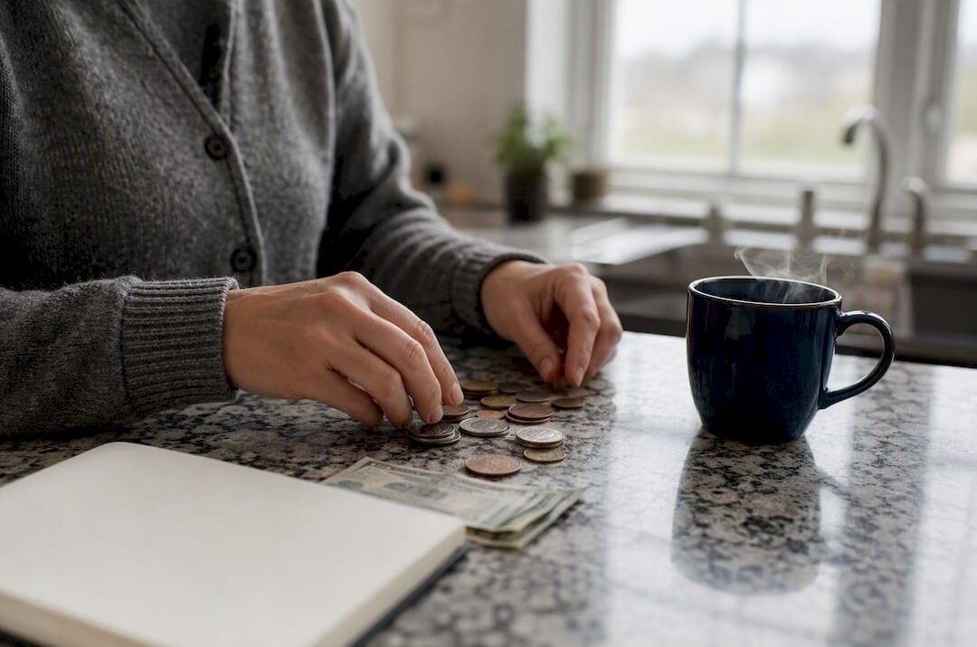 Hands sorting coins and money on table
