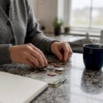 Hands sorting coins and money on table