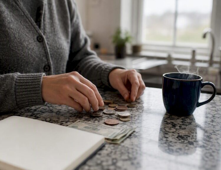 Hands sorting coins and money on table