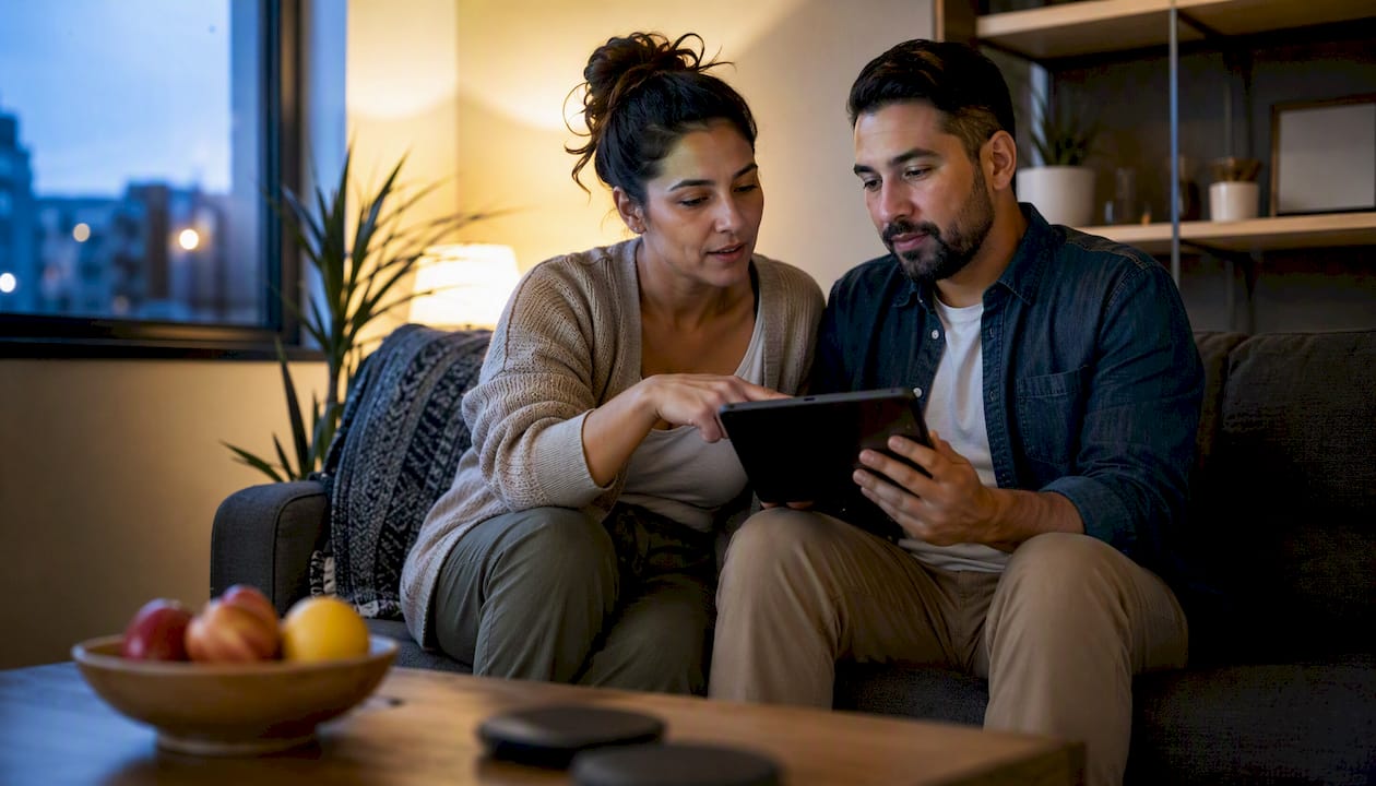Couple discussing household budget at kitchen island