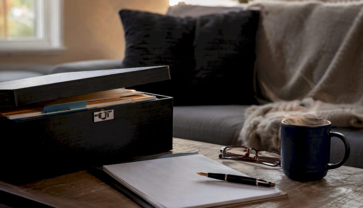 Legal document box and pen on table