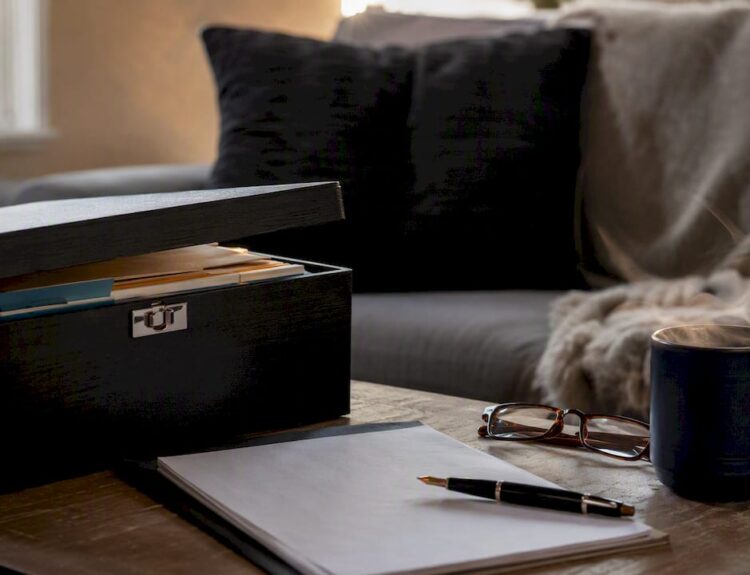 Legal document box and pen on table