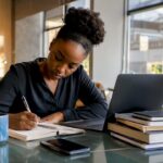 Woman planning income streams at home desk