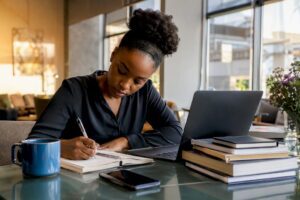Woman planning income streams at home desk