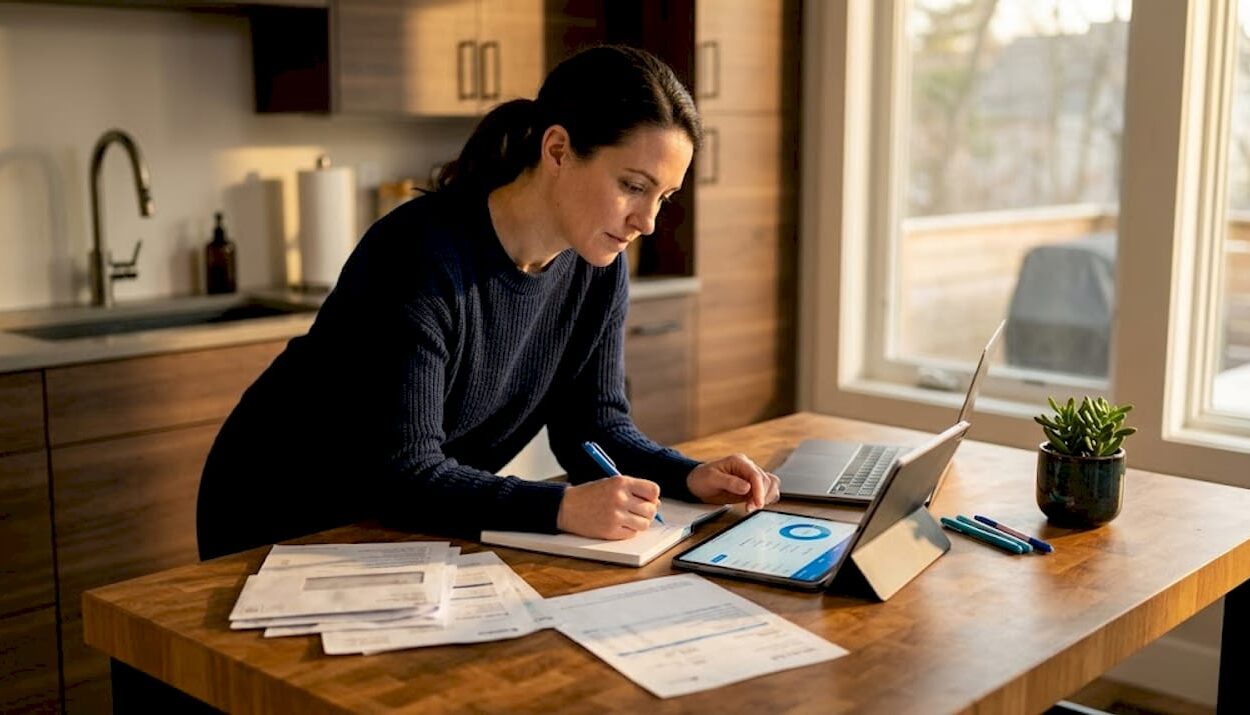 Woman planning finances at cluttered table